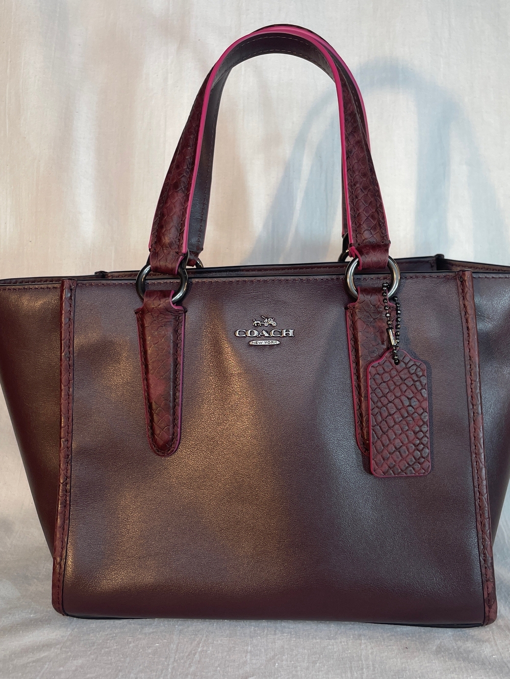 Coach Crosby Carryall 21 Burgundy Leather Shoulder Tote with Pink Trim  F20894